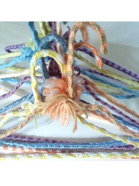Crocheted Hangers 9 VTG 70s Pom Poms Handmade Metal Boho Retro Granny Knit